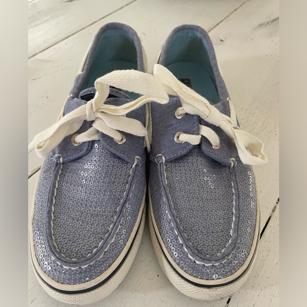 EUC in Box Women’s Sperry Top-Sider Bahama Blue Jersey Sequin Boat Shoes